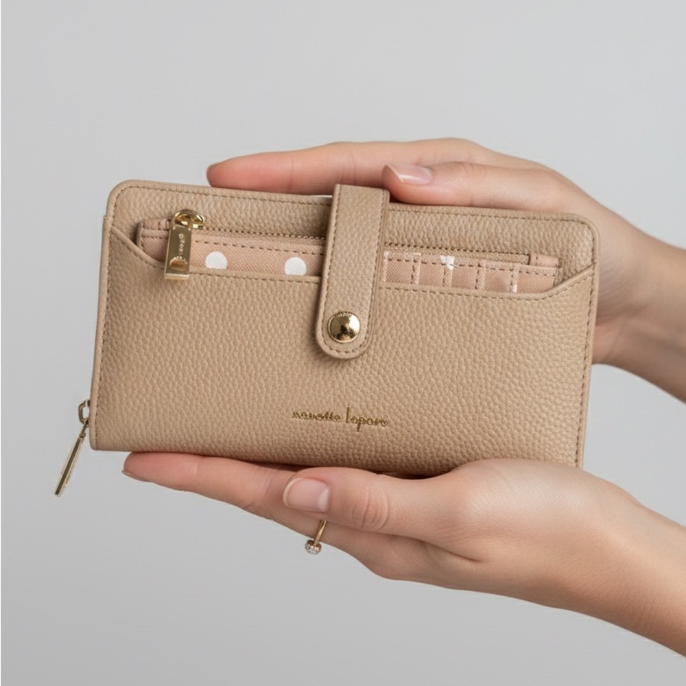Nanette Lepore Beige Pebbled Leather Wallet with Gold Hardware